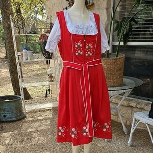 German Dirndl Dress Red Short EMBROIDERED Oktoberfest Swing Party Size M